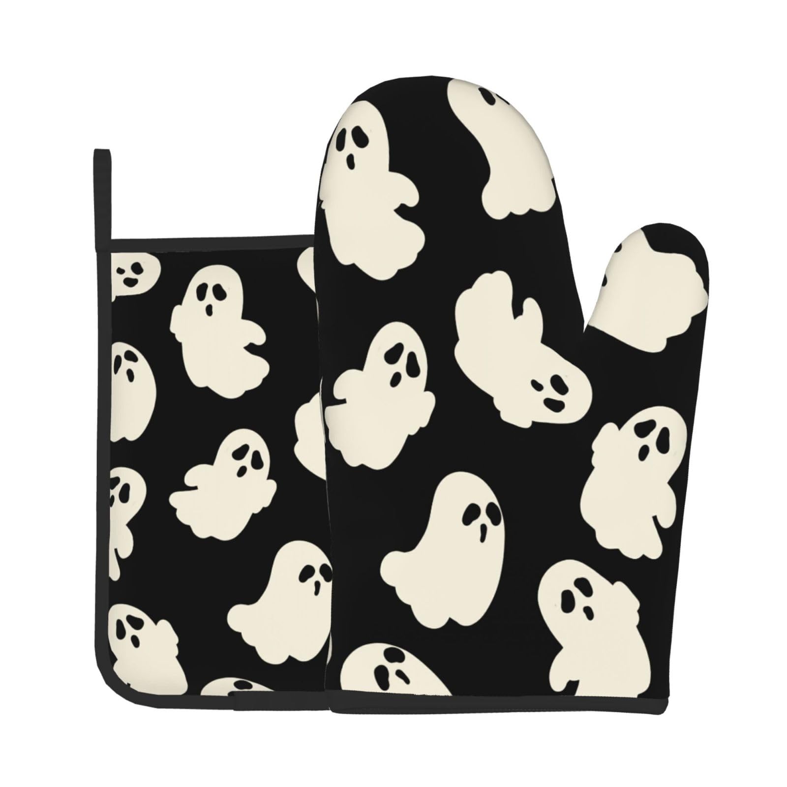 Halloween Oven Mitts and Pot Holders Sets Cute White Ghost Oven Mitts Heat Resistant Spooky Cartoon Kitchen Gloves Hot Pads Two Piece Set for Cooking Baking Grilling BBQ