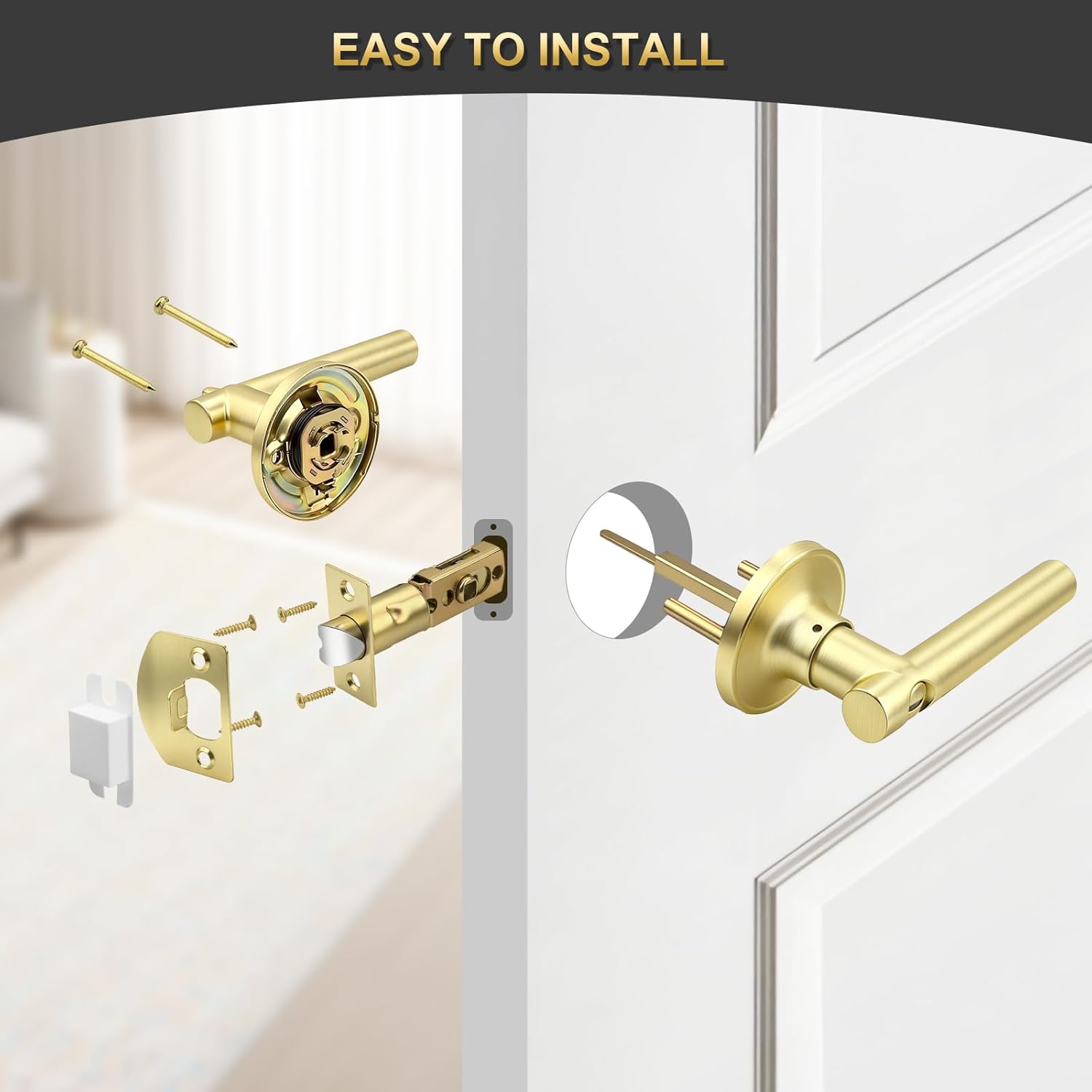 4 Pack Privacy Gold Door Handles, Keyless Interior Door Lever for Bedroom Bathroom, Heavy Duty Brushed Gold Door Handles Interior for Left Right Sided Doors, Brushed Brass Door Handle