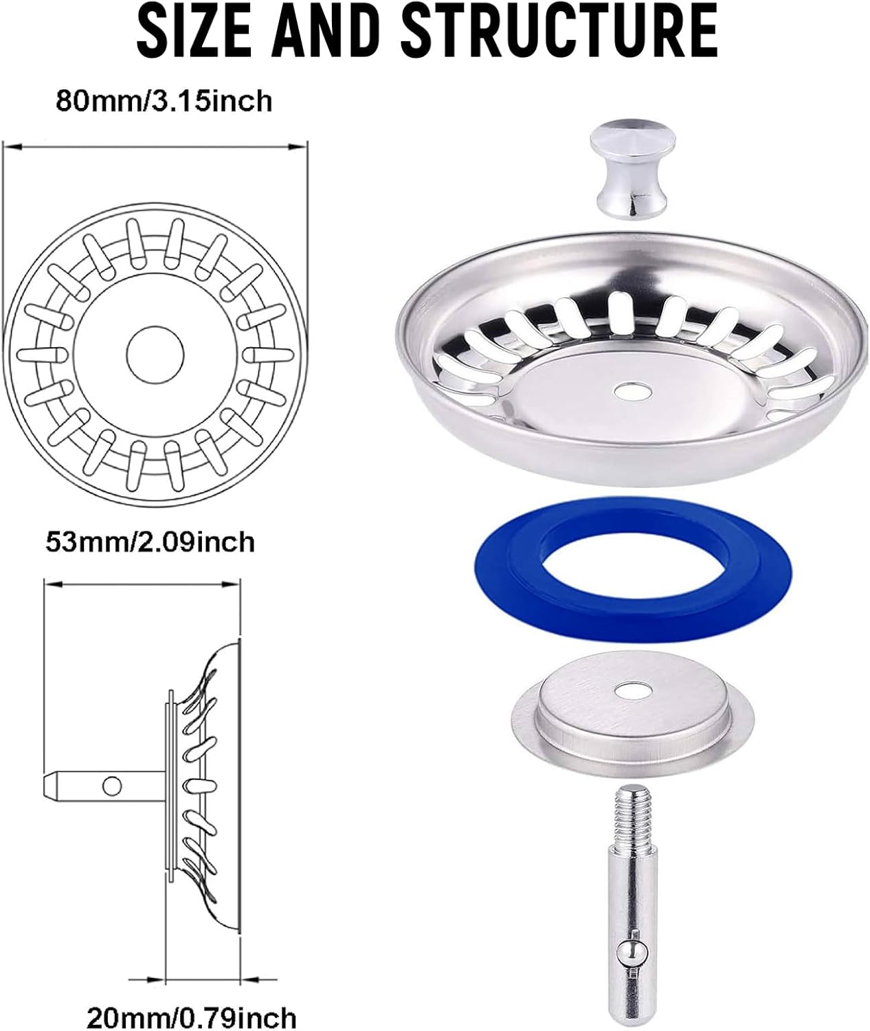 SEIWEI 2 Pack Kitchen Sink Drain Strainer Stopper Combo Basket Spring Clip Replacement, Fit Rod Standard Drain, Stainless Steel Anti-Clog Filter, Effective Food Catcher & Hair Trap, Easy to Clean