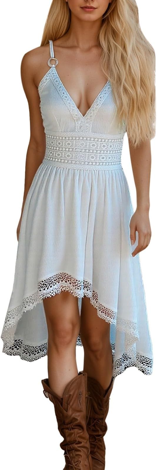 Women's Summer Dress Lace Solid Colour V Neck 3/4 Sleeve Beach Dress Ruffle Flared Knee Length Midi Dress Women's Lightweight Loose Dress Plus Size Loose Women's Summer Casual Ruffle Dress