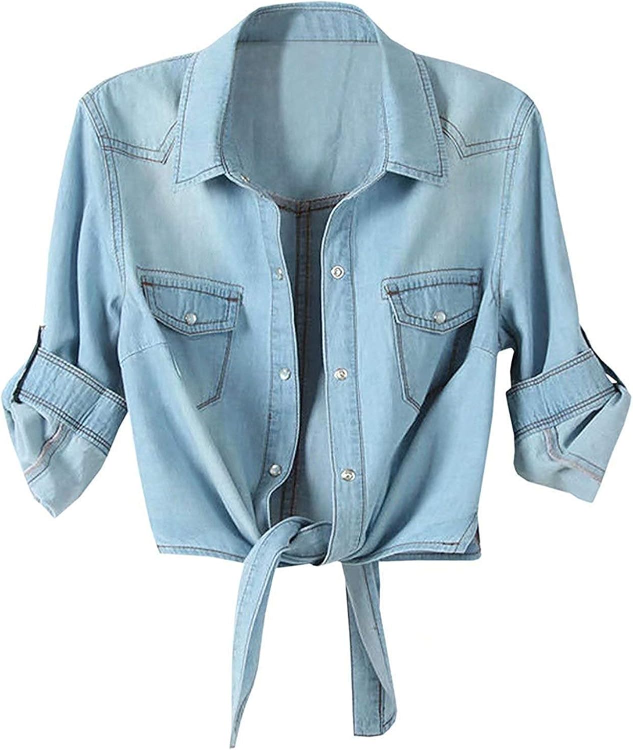 LATUD Women's 3/4 Sleeve Crop Top Tie Front Denim Shirt Cardigan