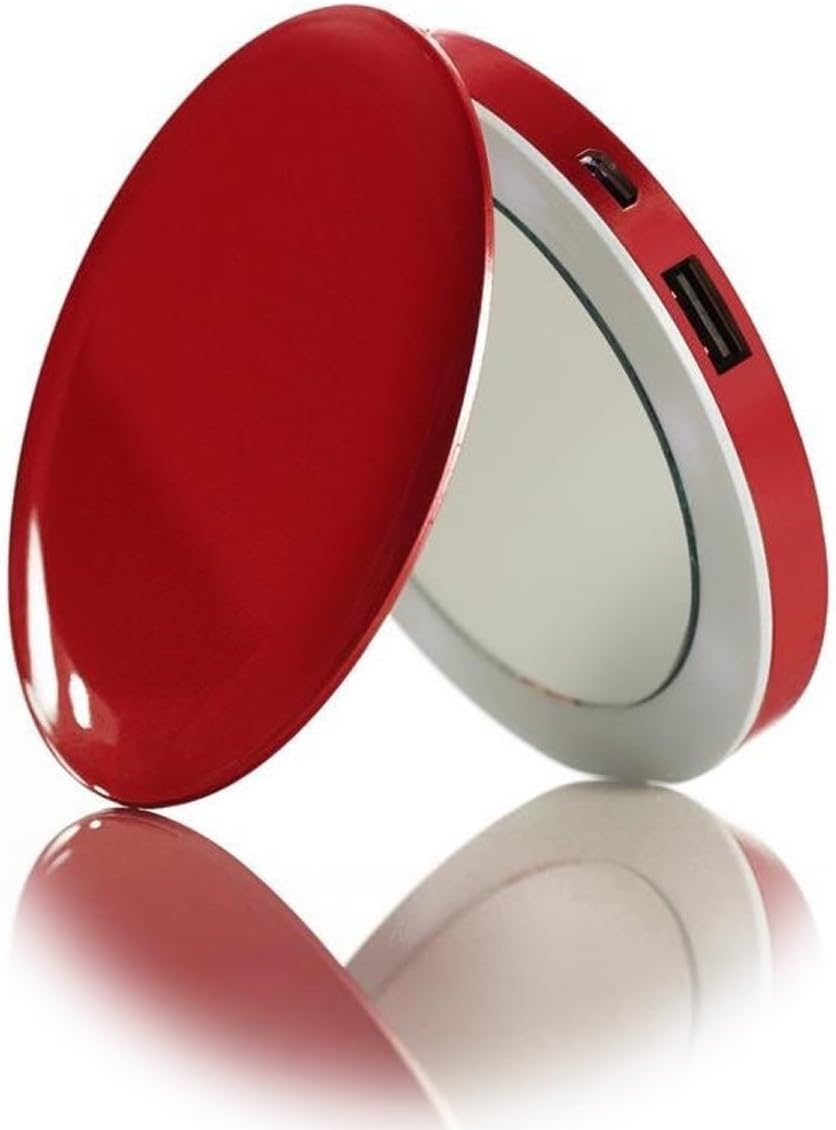 DRP-PL3000RED Pearl Compact Mirror Usb Rechargeable Battery Pack, Light Up Personal Makeup Mirror With A 3000Mah Battery And 2.1 Amp Usb Port Red