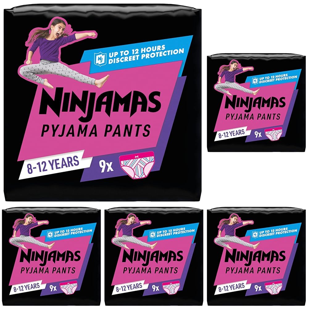 Ninjamas Absorbierende Nachthöschen Für Mädchen, 9 Pyjamahöschen, 8-12 Jahre, 27-43kg, Auslaufschutz Für Die Ganze Nacht (Packung mit 5)