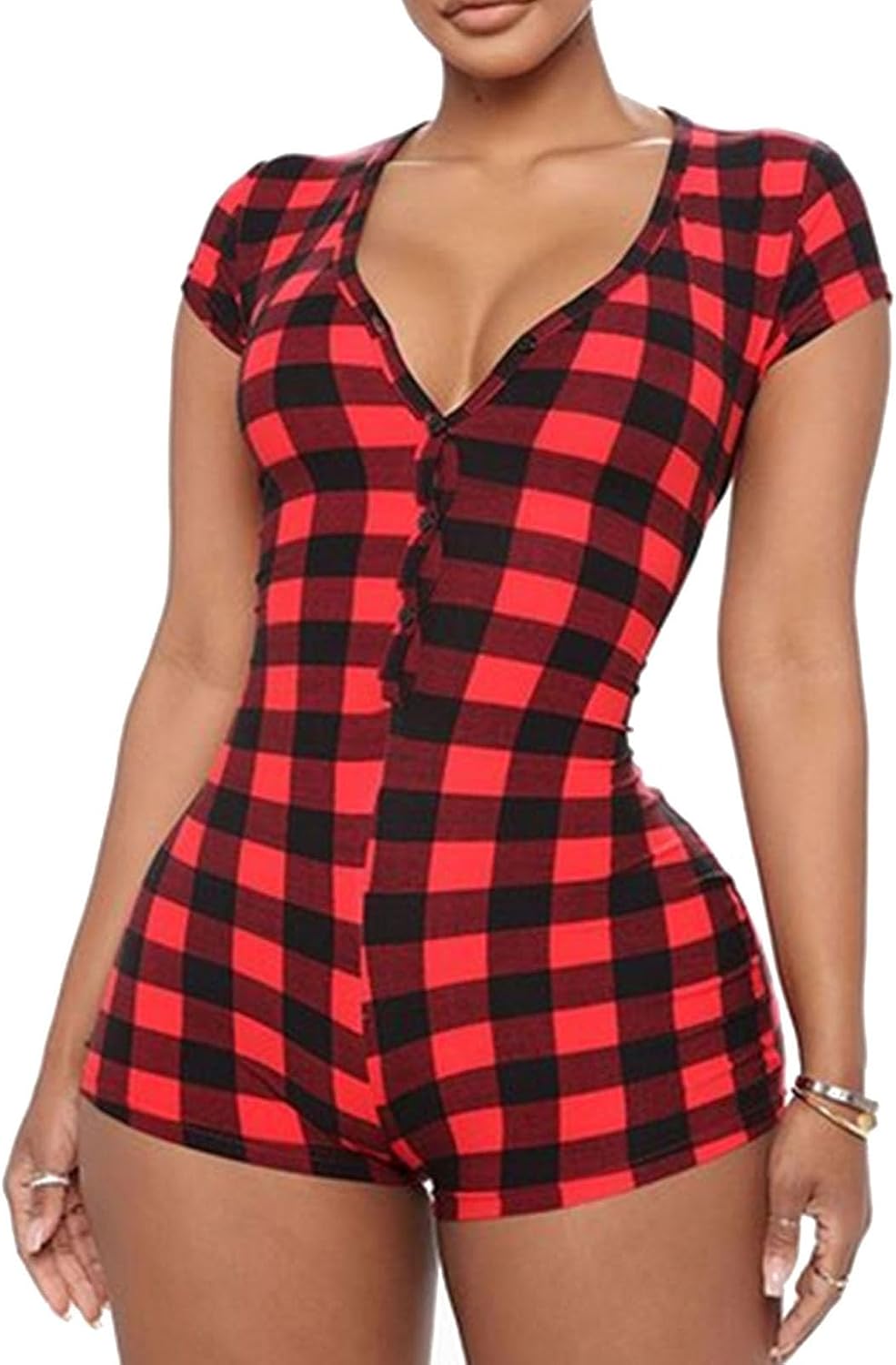 Piacakece Women One Piece Bodycon Romper Pajamas Button V-neck Short Sleeve Bodysuit Jumpsuit Shorts Pjs Playsuit