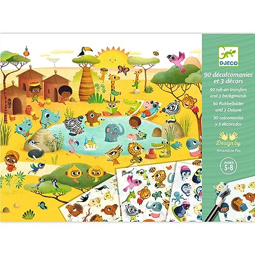 DJECO Coffret Décalcomanies Savane, Désert et Pôle Nord - Enfants 5 à 8 ans - Stimule La Créativité - Gratter et Créer vos Dessins ! 3 Planches & 90 Images -...