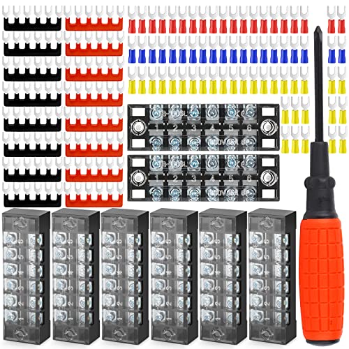 QCQIANG 8pcs Terminal Block, 15A 6 Positions Dual Row Screw Terminal Strip Block with Cover + 70Pcs Insulated Fork Wire Connector + 16Pcs Insulated Terminals Barrier Strip