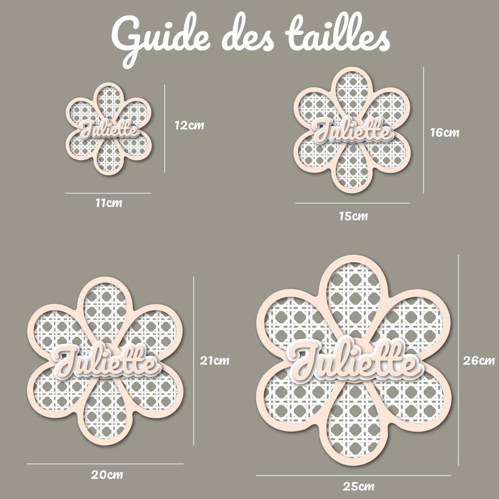 Prénom en bois personnalisé – Décoration murale fleur pour chambre bébé/enfant – Découpe laser, effet relief – 11 à 25 cm – Cadeau naissance – Made In France