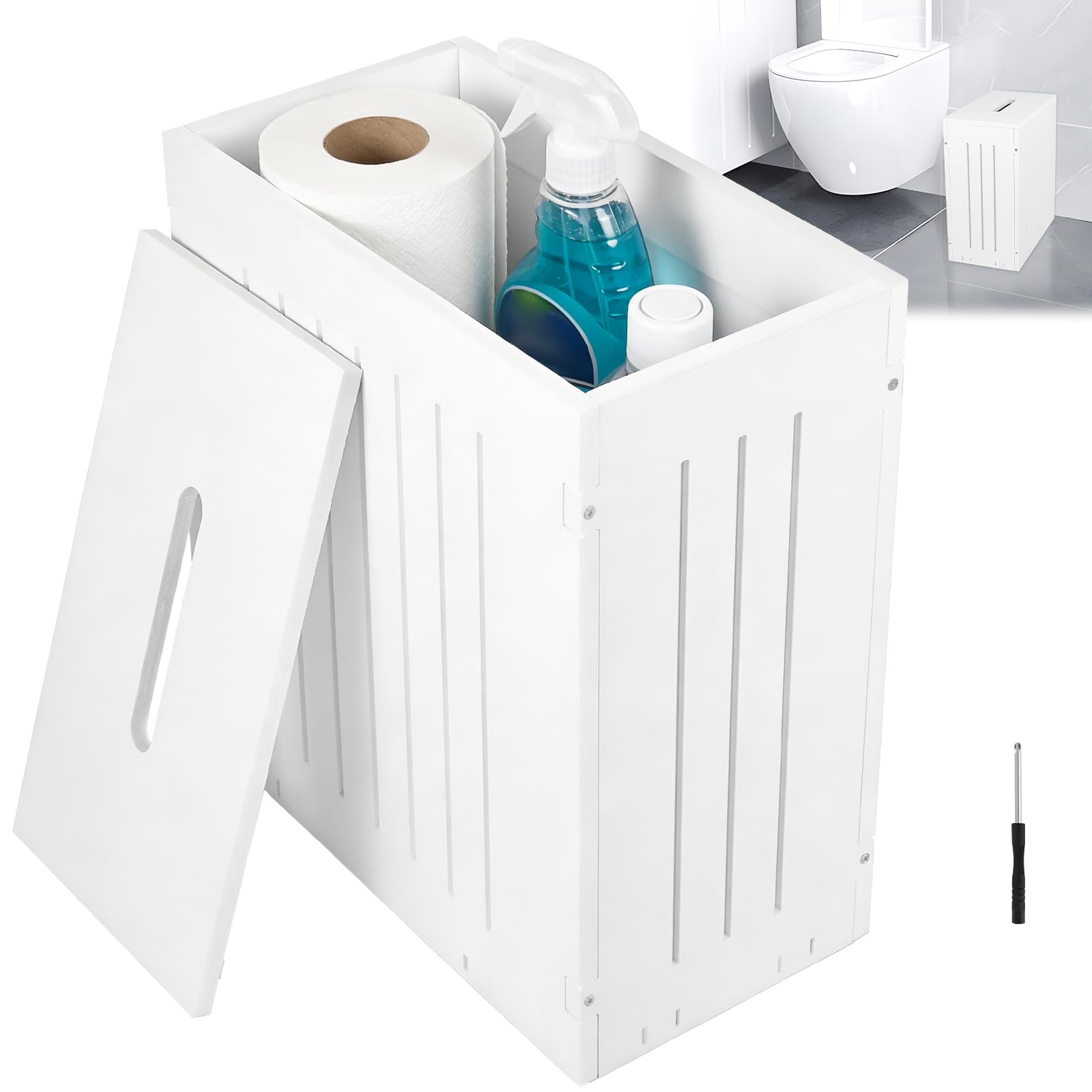 Small Bathroom Storage Unit White Toilet Roll Cabinet Slimline Wooden Bathroom Floor Cabinet Box Multi Purpose Cleaning Product Organiser White Compact Free Standing Tidy Box for Narrow Space