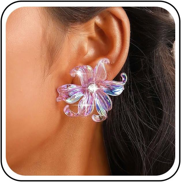 Boho Acrylic Flower Earrings Large Purple Flower Earrings Big Resin Flower Petal Earrings Huge CZ Floral Studs Earrings Sparkly Flower Acrylic Earrings Wedding Petal Earrings for Women