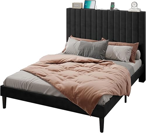 Miniatura 14 de Base de cama tamaño Queen con cabecera tapizada de terciopelo con estación de carga, soporte de listones de madera, base de colchón, somier