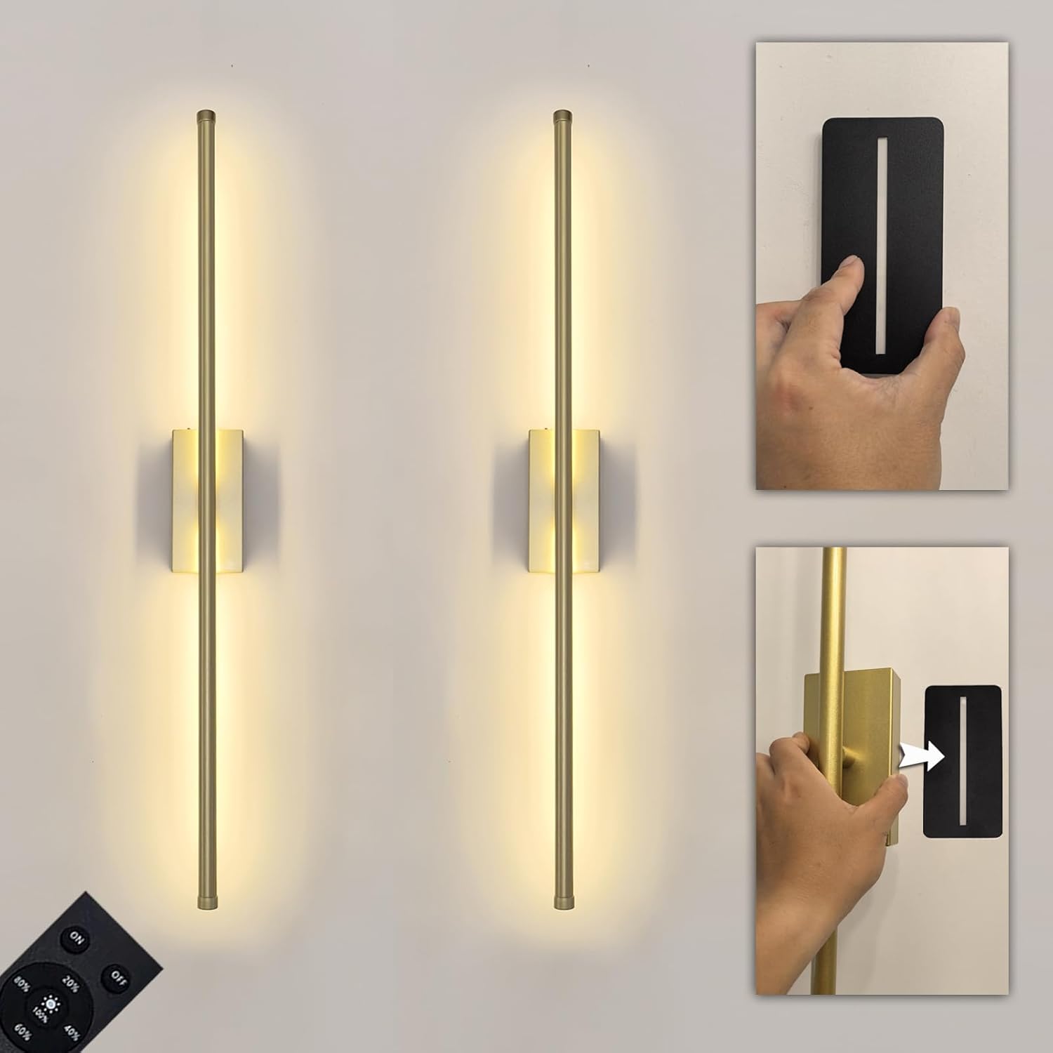 Set of 2 Battery Powered Linear Tube Rechargeable Gold Wall Sconce, Modern Decor Peel and Stick on Cordless Wall Sconces Picture Vanity Light for Living Dinning Room, Bathroom (2 Pack, 28.3'', Gold) 2X Gold Sconce 28 Inch