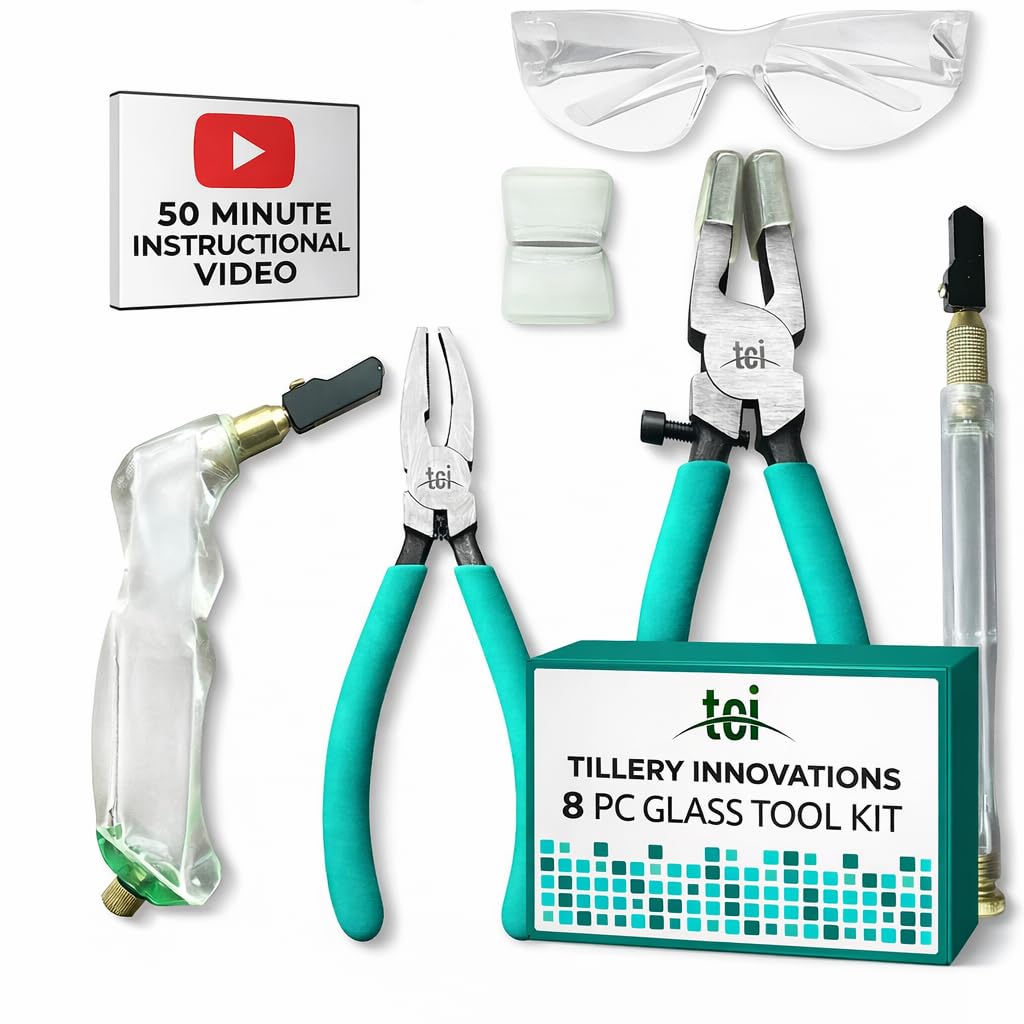 Professional 8 PC Stained Glass Tool Kit with Instructional Video, Oil Fillable Pistol and Pencil Grip Cutter, 1” Running Pliers, Breaking and Grozer Pliers