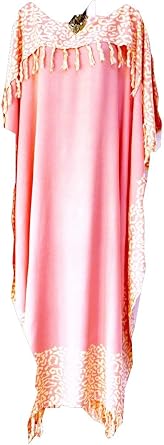 NIA Ladies Kaftan Beach Wear Clothes Womens Batik Long Tassels Fringe Ladies Womens Beach Loose Dress Cool Pink