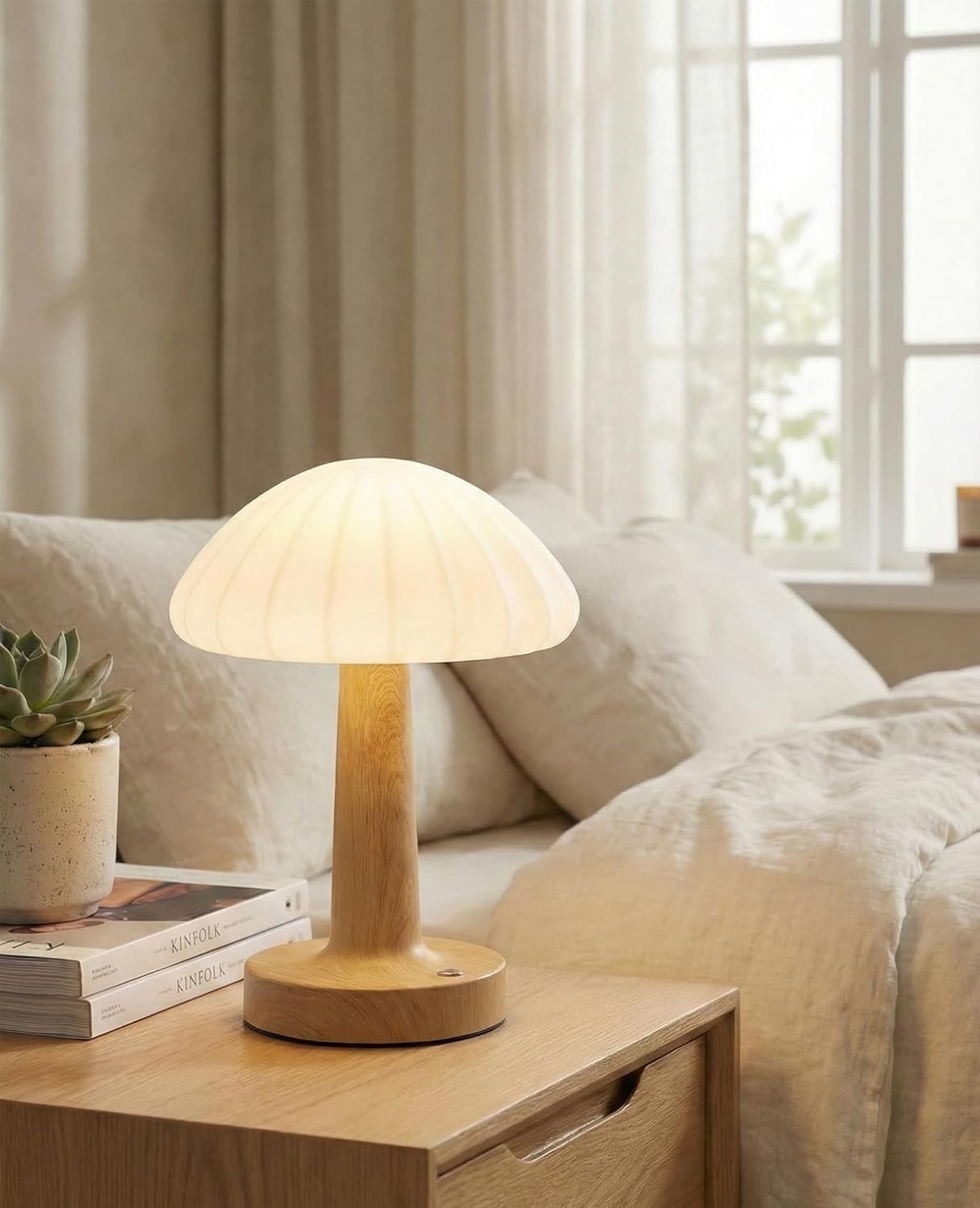 OOWOKS Mushroom-Shaped LED Table Lamp Cordless Touch-Dimmable Bedside Lamp Rechargeable USB-Rechargeable 2000mAh Battery 3 Colour Temperatures Small Mushroom Lamp Bedroom Lamp Reading Lamp
