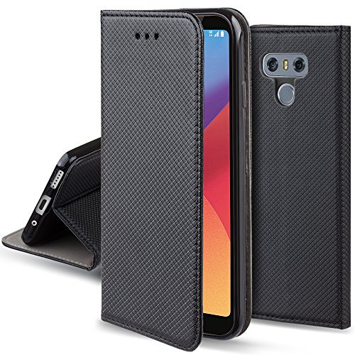 Moozy Funda para LG G6, Negra - Flip Cover Smart Magnética con Soporte y Cartera para Tarjetas