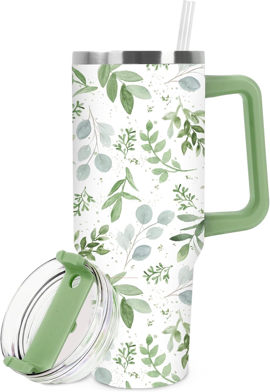 1Pc Greenery Tumbler with Handle Lid Straw 40oz Green Eucalyptus Leaves Stainless Steel Travel Tumbler Cup for Iced Coffee Birthday Party Favor