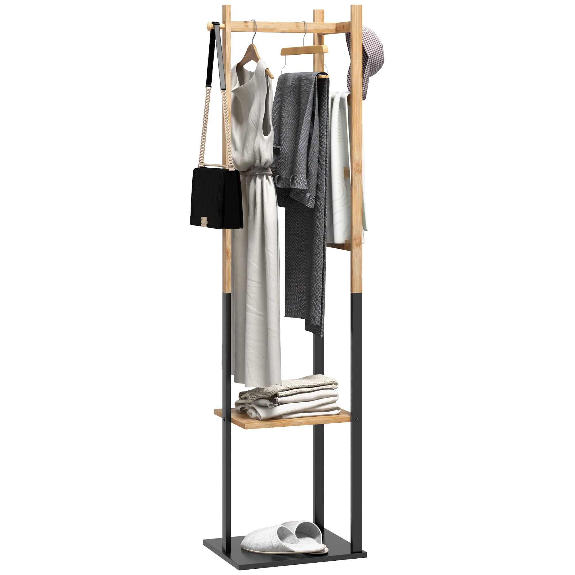 HOMCOM Perchero de Pie de Bambú con 2 Estantes 2 Ganchos Natural y Negro | 5 Barras, Perchero de Entrada Recibidor, Estructura de Acero, para Colgar Ropa, Pasillo Sala de Estar Dormitorio