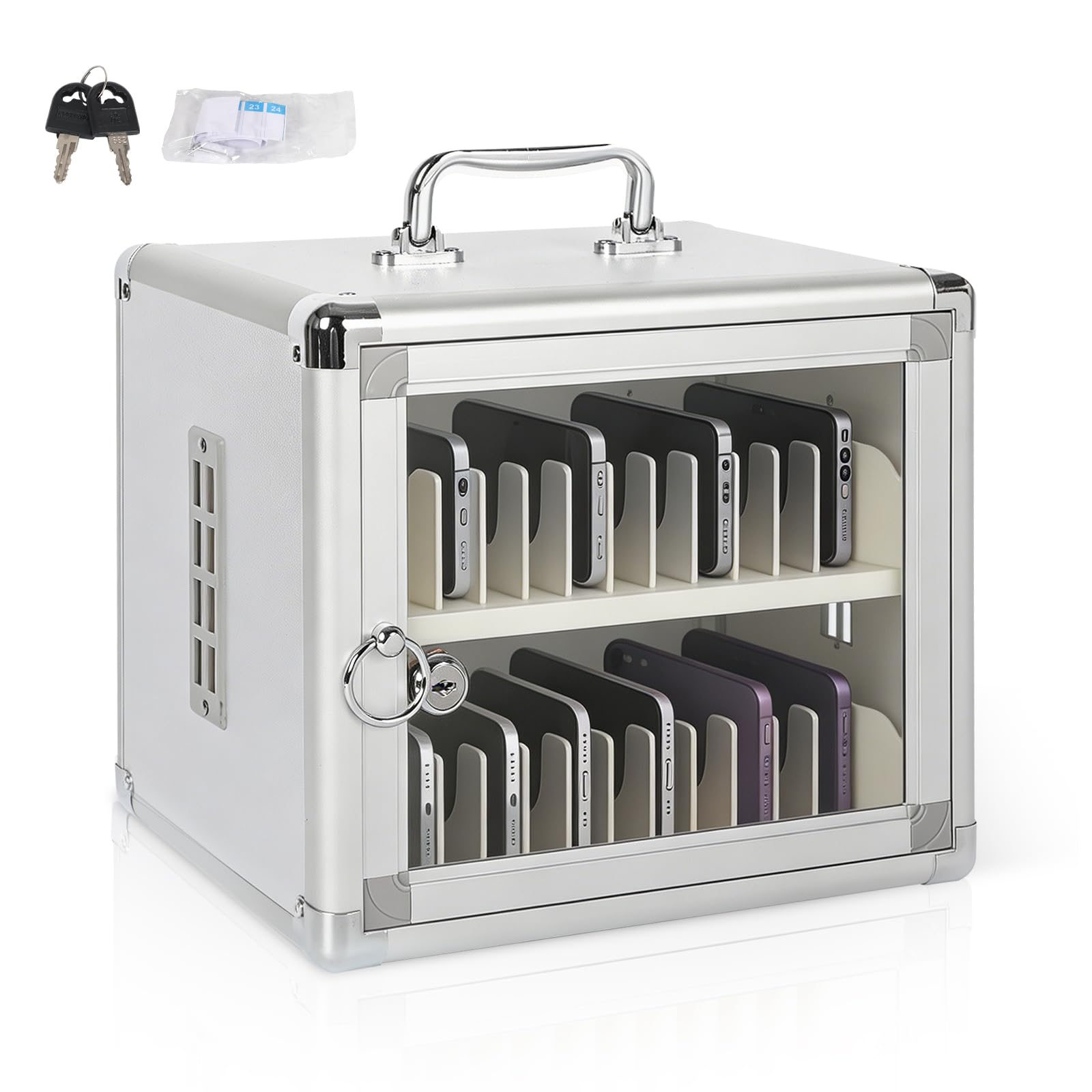 Tokenhigh 24 Slots Cell Phone Locker Box Aluminum Mobile Phone Storage Cabinet with Handle Wall-Mounted Phone Lock Box for Classroom Office Gym (24 Slots)