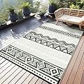 Uphome Outdoor Rug 5x8 Waterproof, Reversible Foldable Boho Plastic Straw Rug for Patios, Lightweight Indoor/Outdoor Area Rug, Tribal Geometric RV Camping Rug for Balcony Deck Picnic, Gray/Black