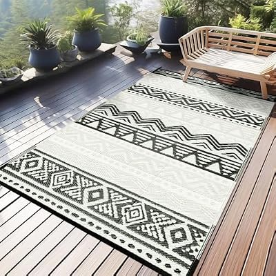 Uphome Outdoor Rug 5x8 Waterproof, Reversible Foldable Boho Plastic Straw Rug for Patios, Lightweight Indoor/Outdoor Area Rug, Tribal Geometric RV Camping Rug for Balcony Deck Picnic, Gray/Black