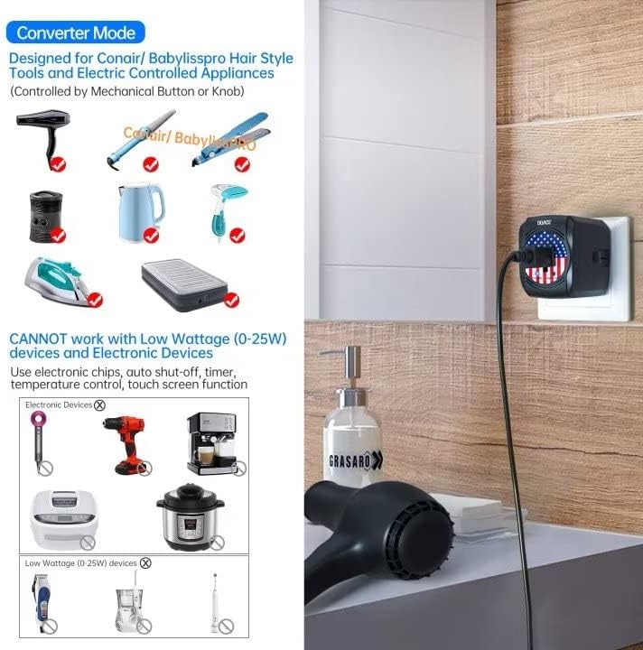Miniatura 4 de DoAce - Convertidor de voltaje de viaje de 220 V a 110 V, convertidor de voltaje de viaje de 2000 W para secador de pelo, alisador de pelo,