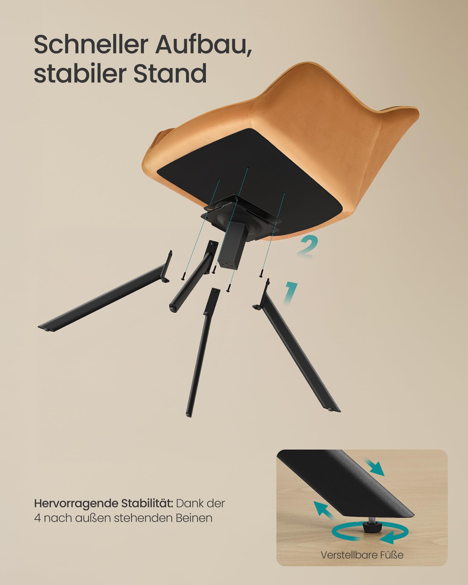 SONGMICS Esszimmerstuhl, bis 120 kg belastbar, Küchenstuhl, Sessel drehbar, Samt, Polsterstuhl mit Armlehnen, Stahlbeine, für Esszimmer, Küche, 2er Set, karamellbraun-tintenschwarz KDC161K01V2-2J