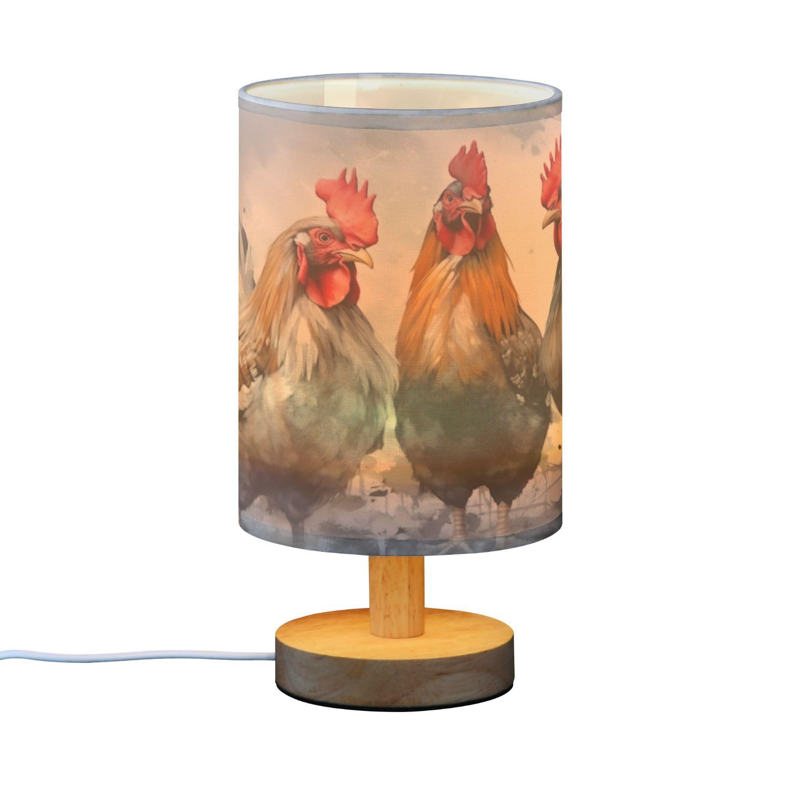 SDMKA Colorful Chicken Drawing Bedside Table Lamp for Bedroom, Minimalist Nightstand Lamp with Round Fabric Shade for Living Room, Office, No Bulb Required