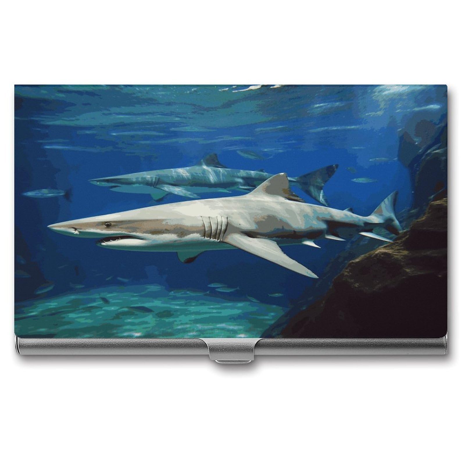 LDGSUPH Two White Sharks Business Card Holder Fashion Slim Name Card Holder Minimalist Design Case Metal Card Carrier Personalized Business Card Case with Flip for Men Women