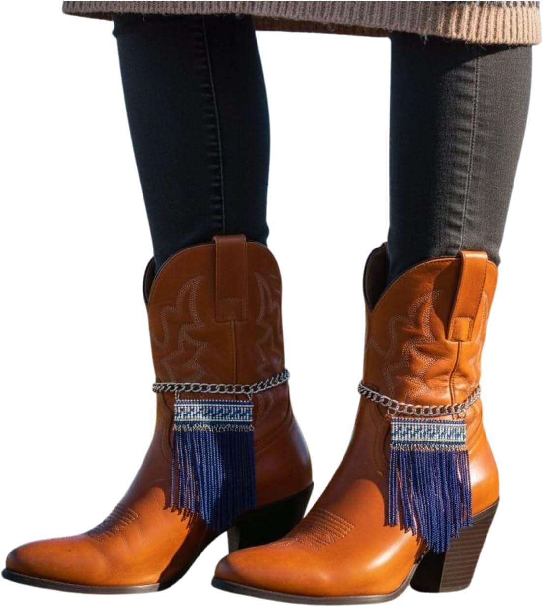 TrendyFashionJewelry Women Western Boot Chain Silver Metal Bling Bracelet Anklet Heel Blue Tassel Fringes Ethnic Style Charm PAIR BC258
