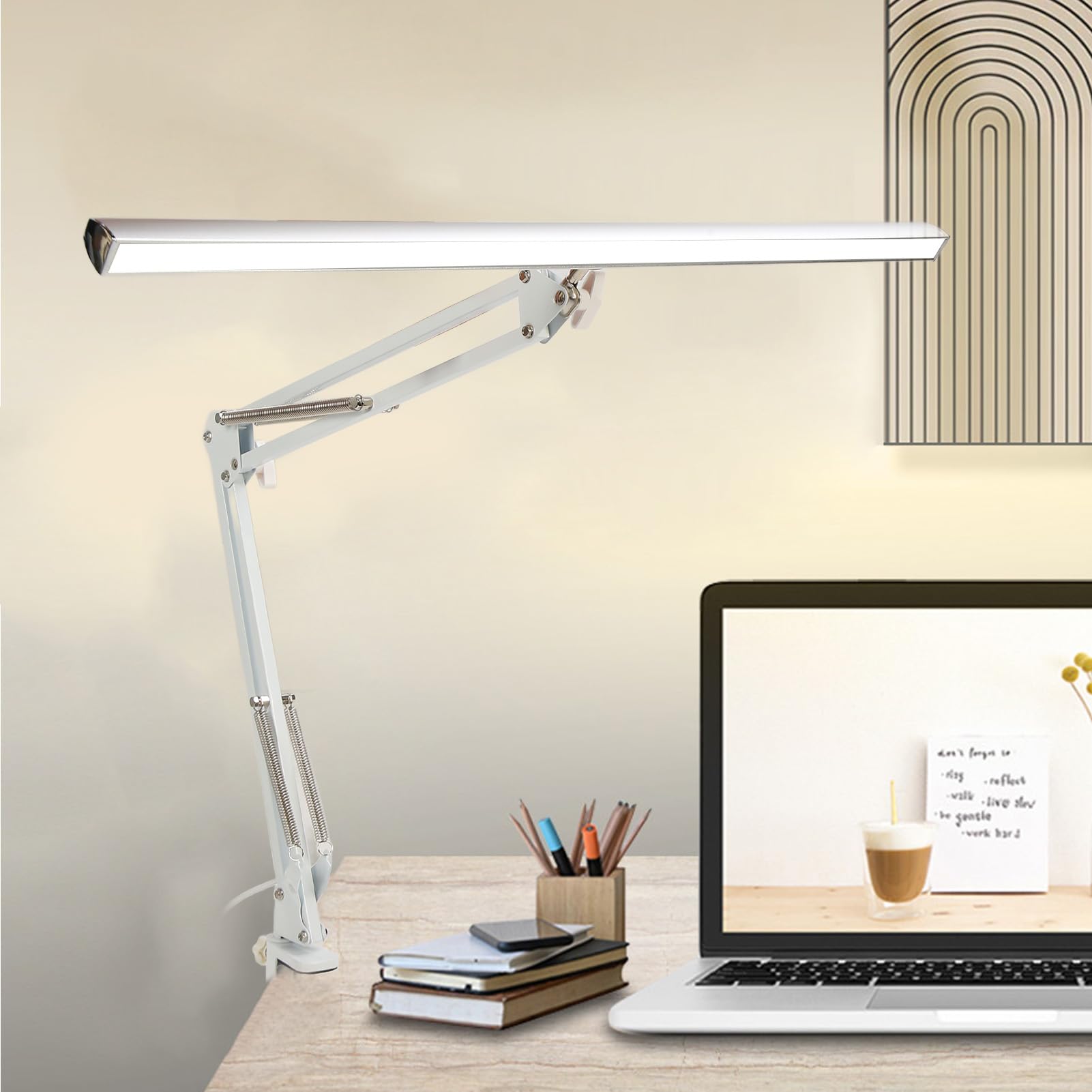 Lampa Biurkowa z Klipsem, ramię Wahadłowe Lampa Biurkowa LED Beauty Składane Ramiona 3 Kolory Regulowane za pomocą Zacisku do Salonu Piękności do Nauki (Srebrny zacisk)