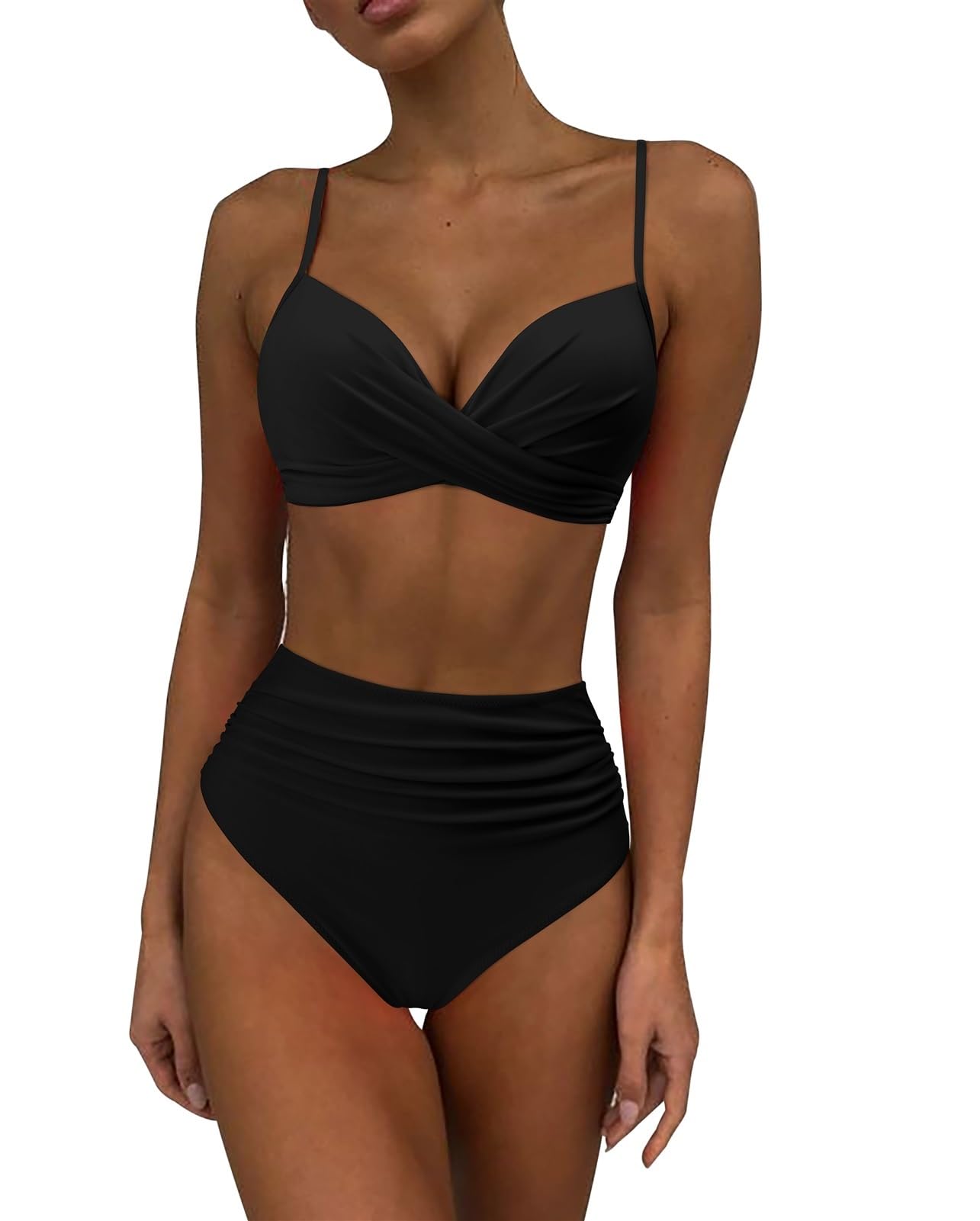 Bikini A Vita Alta Donna Solido Costume da Bagno Donna Costumi da Bagno Costume da Bagno Imbottito Push Up Increspato Costume da Bagno Donna Bikini (Color : B4803BK, Size : XL)
