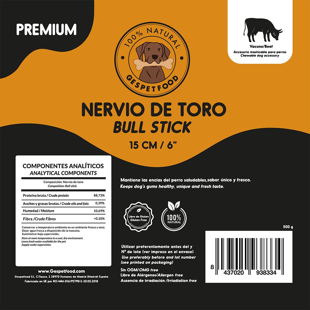 Gespetfood - Nervio de Toro 15" para Perros - Snack Deshidratado para Perros - 11 Unidades - Encías Saludables - 500gr