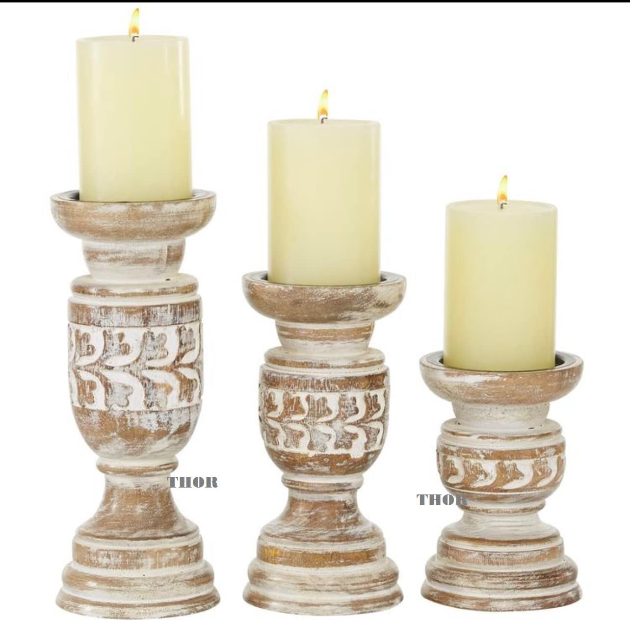 Wood Handmade Candle Holder with Carved Designs, Set of 3 6", 8", 10" H, Candle Holders for Pillar Candles