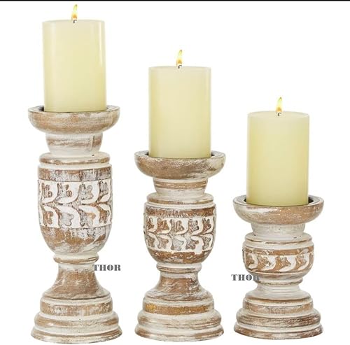 Miniatura 2 de Portavelas de madera hecho a mano con diseños tallados, juego de 3 portavelas de 6 pulgadas, 8 pulgadas, 10 pulgadas de alto, portavelas para velas