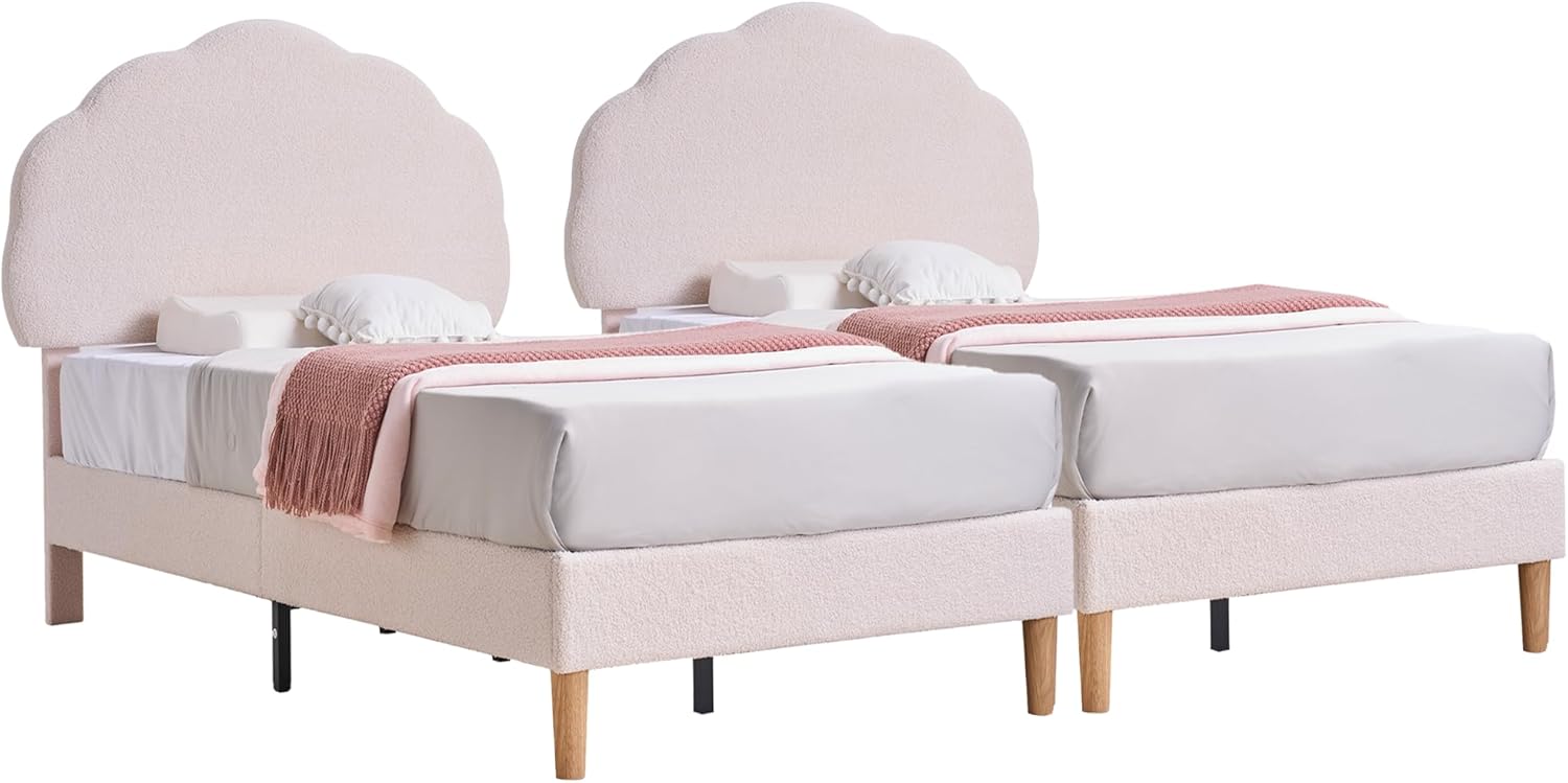 VECELO Twin Size Bed Frame Set of 2, Upholstered Platform Bedframe with Height Adjustable Plush Fabric Headboard, Strong Wood Slat Supports, No Box Spring Needed, Beige