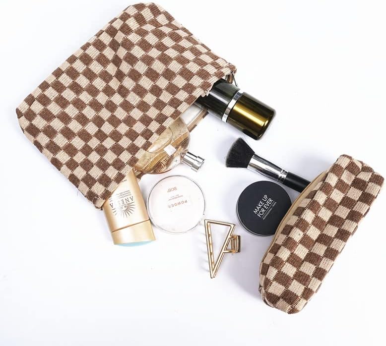 Miniatura 3 de Bolsa de maquillaje a cuadros, juego de 2 bolsas de cosméticos grandes con bolsa de brochas de maquillaje, bolsa de maquillaje pequeña para bolso,