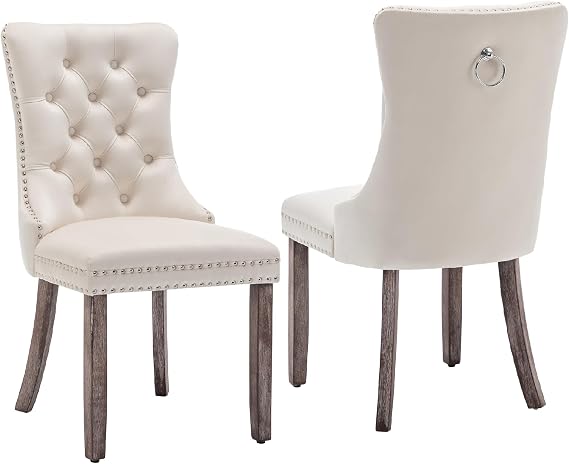 Velvet Dining Chair Set of 2, Modern Kitchen Chairs with Nailhead Trim, 2 Pieces Upholstered Dining Room Chairs for Living Room, Bedroom (Beige)