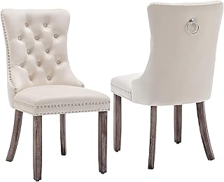Kiztir Velvet Dining Chair Set of 2, Modern Kitchen Chairs with Nailhead Trim, 2 Pieces Upholstered Dining Room Chairs for Living Room, Bedroom (Beige)