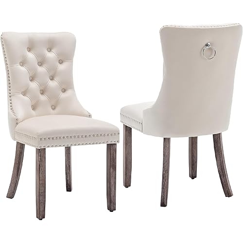 Kiztir Velvet Dining Chair Set of 2, Modern Kitchen Chairs with Nailhead Trim, 2 Pieces Upholstered Dining Room Chairs for Living Room, Bedroom (Beige)