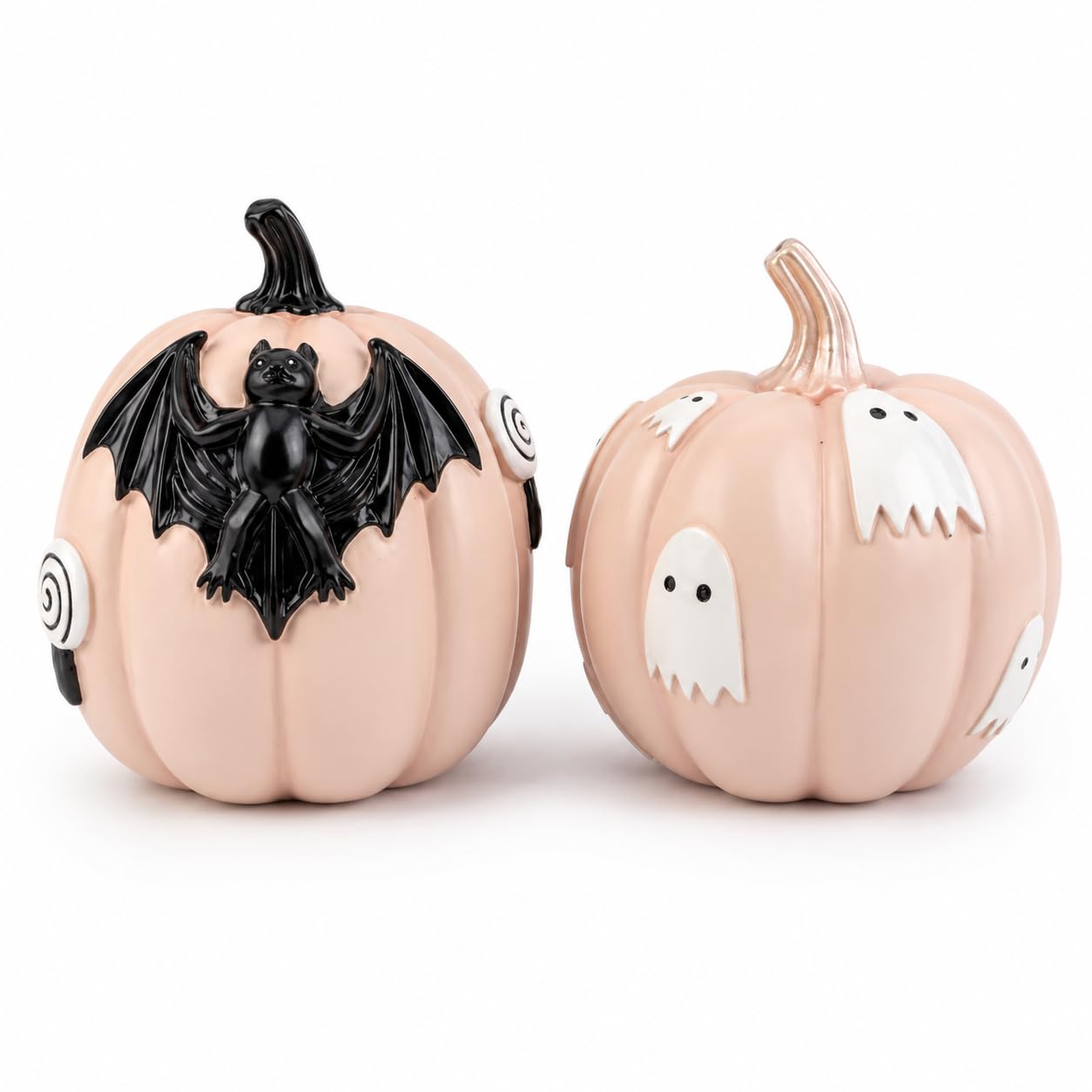 GoGnome Halloween Decorations Pumpkin Figurines Set of 2, Cute Resin Shelf Mantel Tiered Tray Decor with Bat and Ghost Designs (Pink Pumpkins)