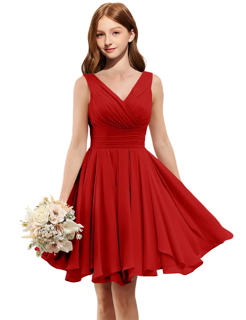 Homecoming Dresses for Teens V Neck Short Junior Bridesmaid Dresses Chiffon A Line Ruched Formal Party Prom Gown Ruffles