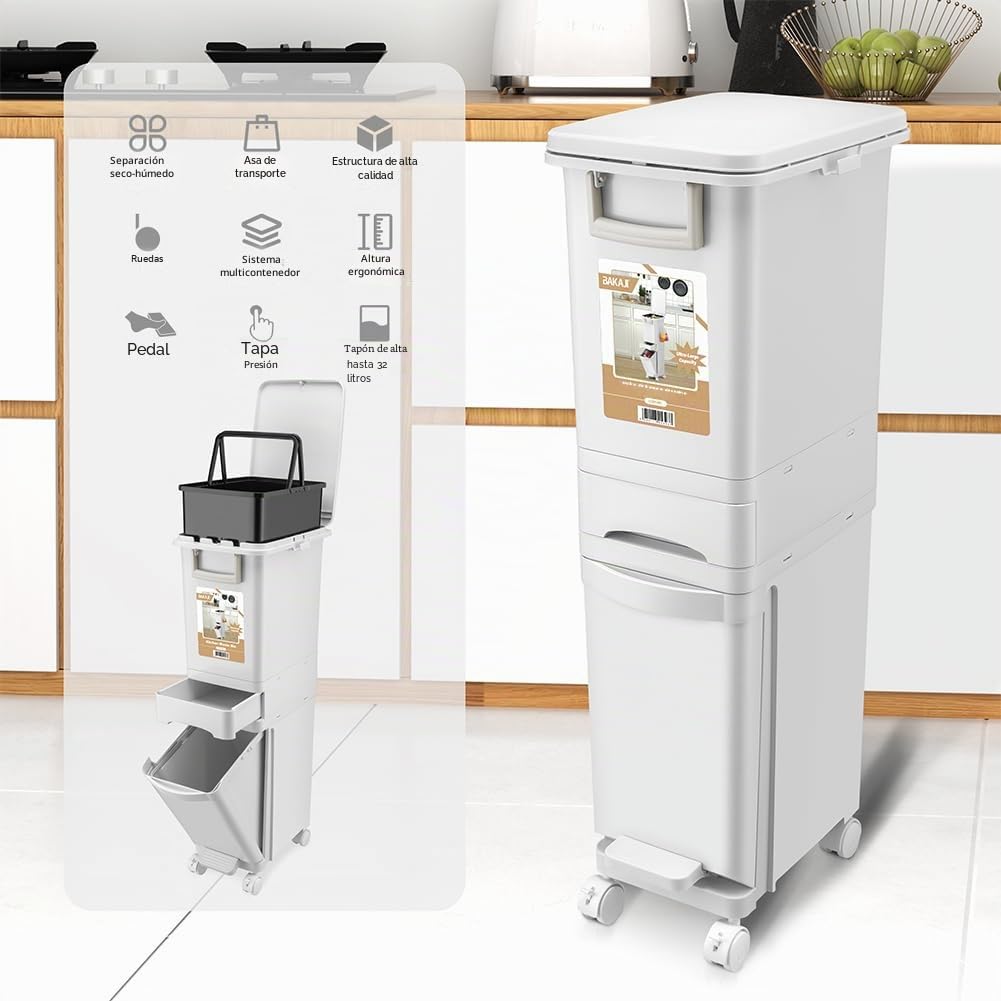 BAKAJI Cubo de basura alto y estrecho de cocina de 32 litros con cesta extraíble para basura y recogida diferenciada, diseño ahorra espacio, 1 cubo abatible + 1 cajón, 26 x 36 x 84 cm (32 litros)