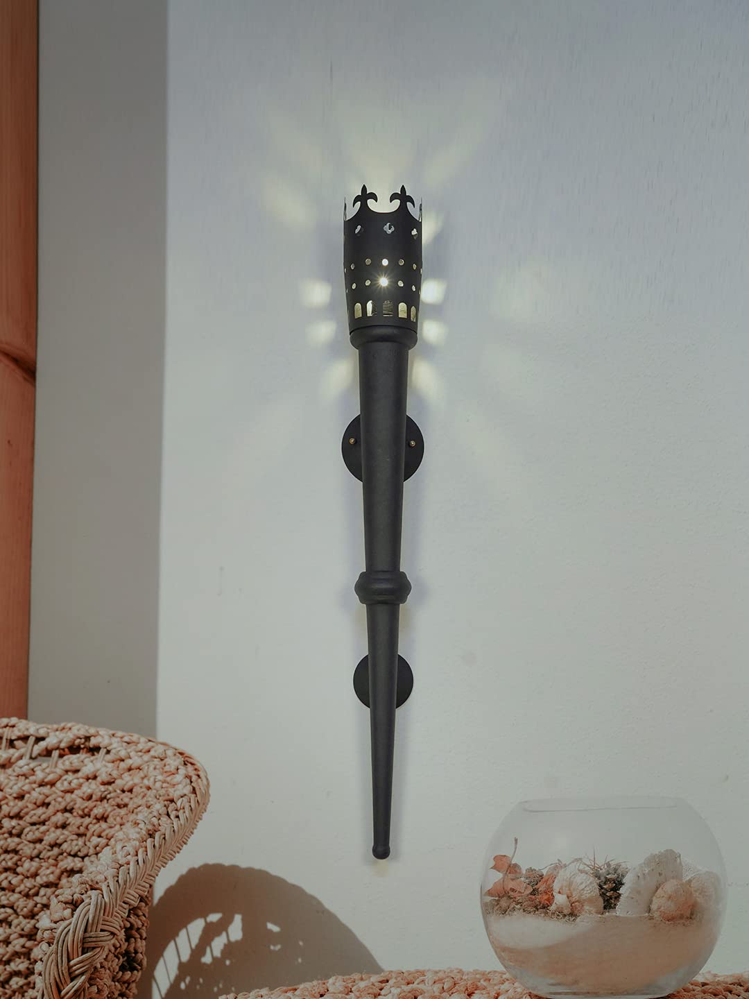 Fos Lighting Medieval Style Long Torch Black Steel Mashal Wall Light