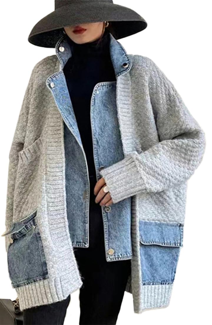 [YUANYUAN] CREAM ニットカーディガン レディース ロングコート ロングカーディガン 羽織り アウター デニムジャケット セーター ポケット 長袖 カジュアル ファッション ゆったり 春秋冬 シンプル 通勤 通学 おしゃれ 体型カバー 重ね着風