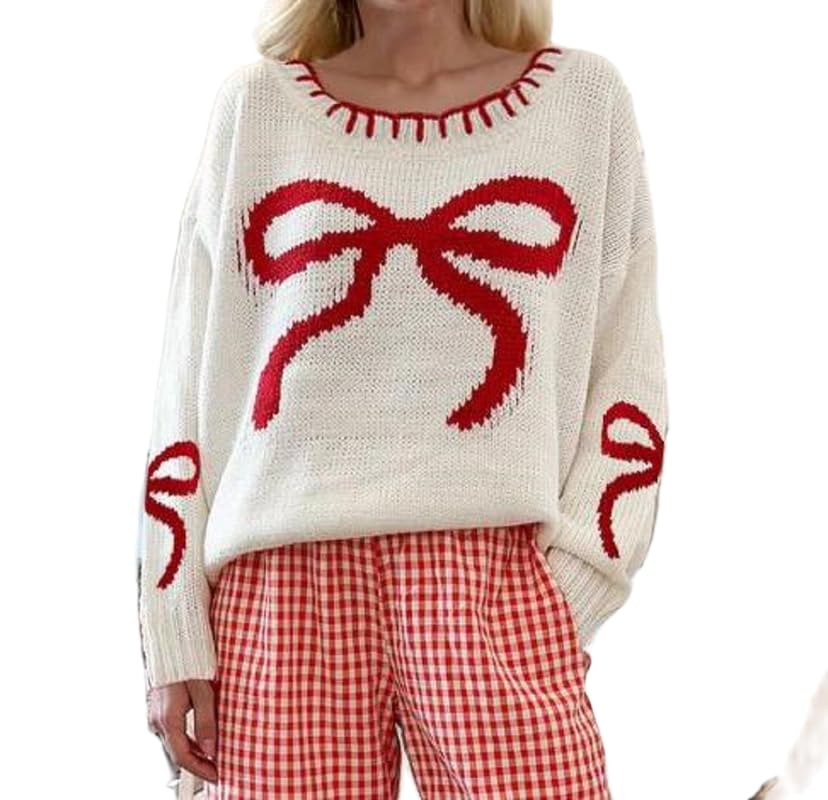 Image of SOOKABEILA Women Y2K Graphic Sweater Top Long Sleeve Knit Print Pullover Oversized Loose Aesthetic Fall Sweatshirt