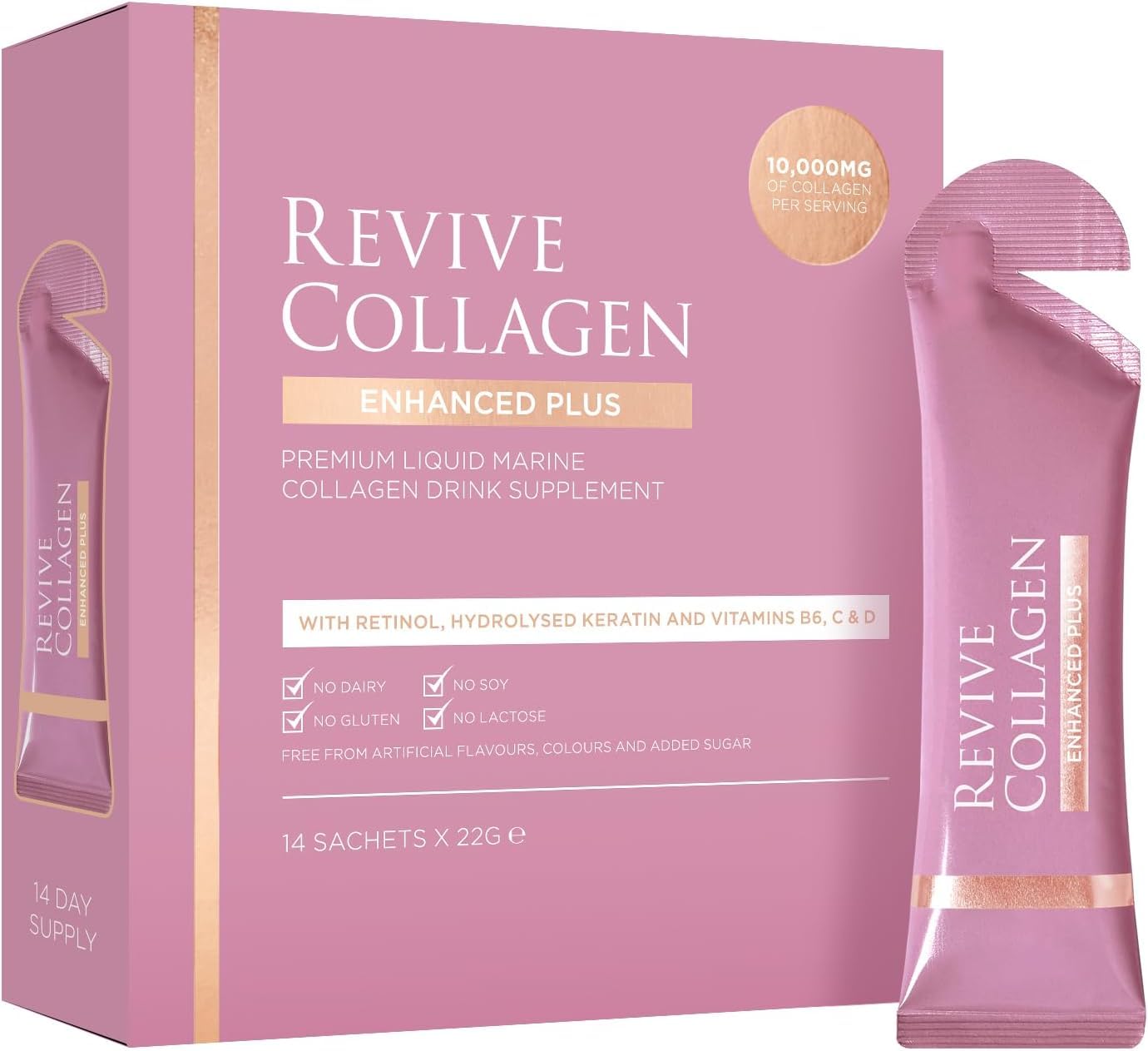 Revive CollagenEnhanced Plus 10,000mg Hydrolyzed Marine Collagen Drink with Added Vitamin A & C for Healthy Skin, Hair, Nails & Joints | Tropical (14 Days Supply)