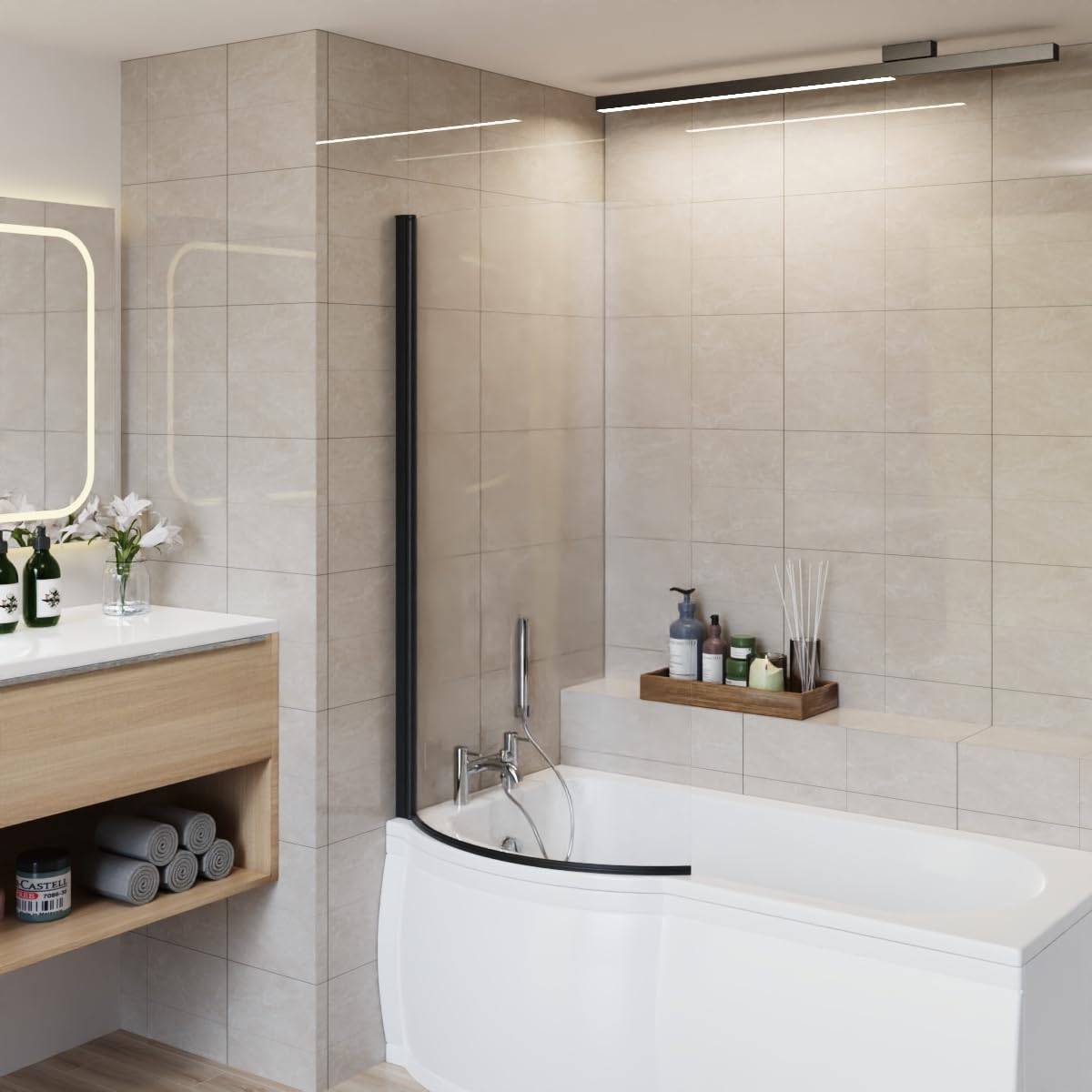 Aquariss Black 1400X785mm 6Mm Curved Toughened Safety Glass Pivot Bath Screen Panel For P-Shaped Bath Aluminium