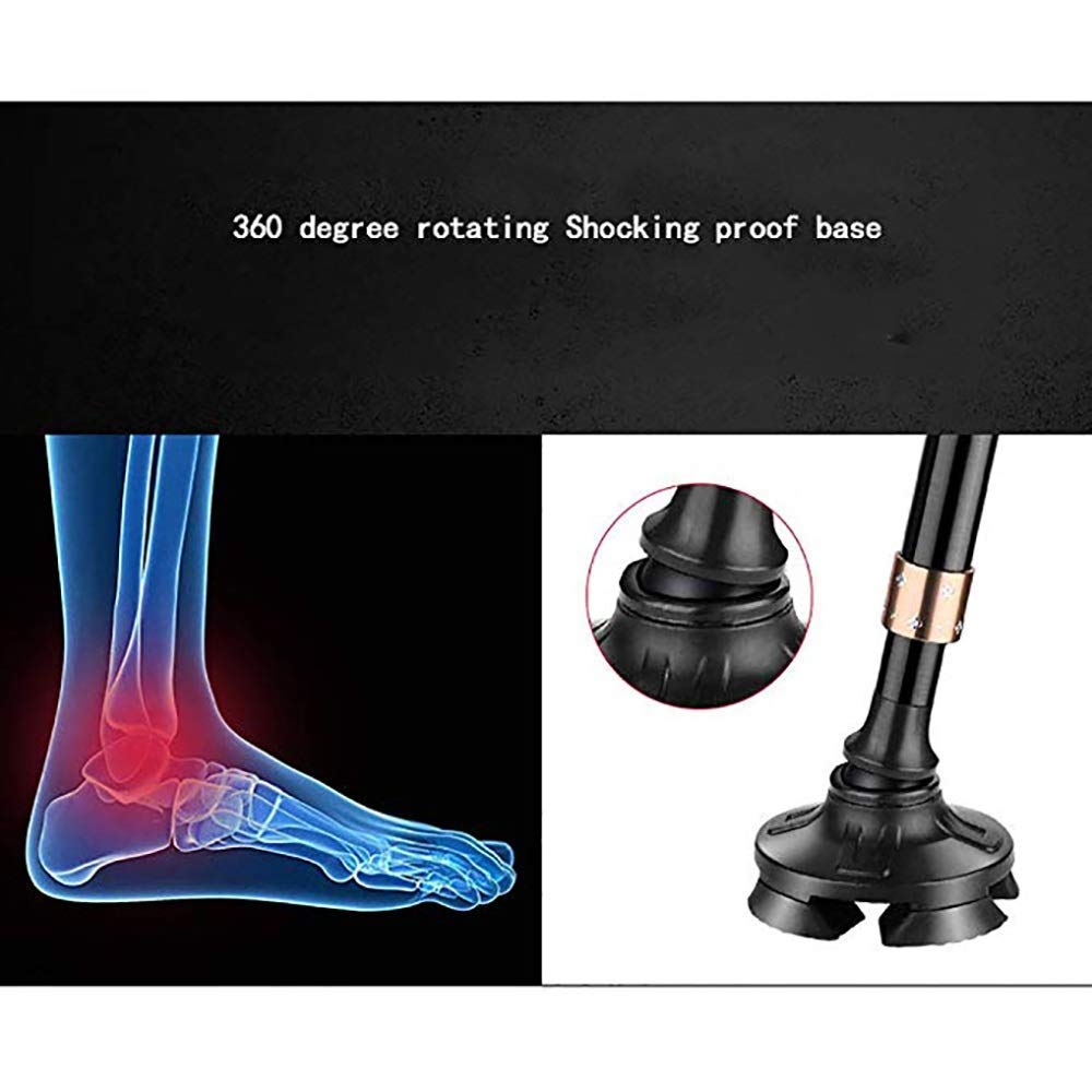 Bastón cuádruple, bastones para caminar con luces LED Altura ajustable Bastón multifunción de cuatro patas Muleta telescópica antideslizante resistente al desgaste Mango ergonómico Apto para ancianos