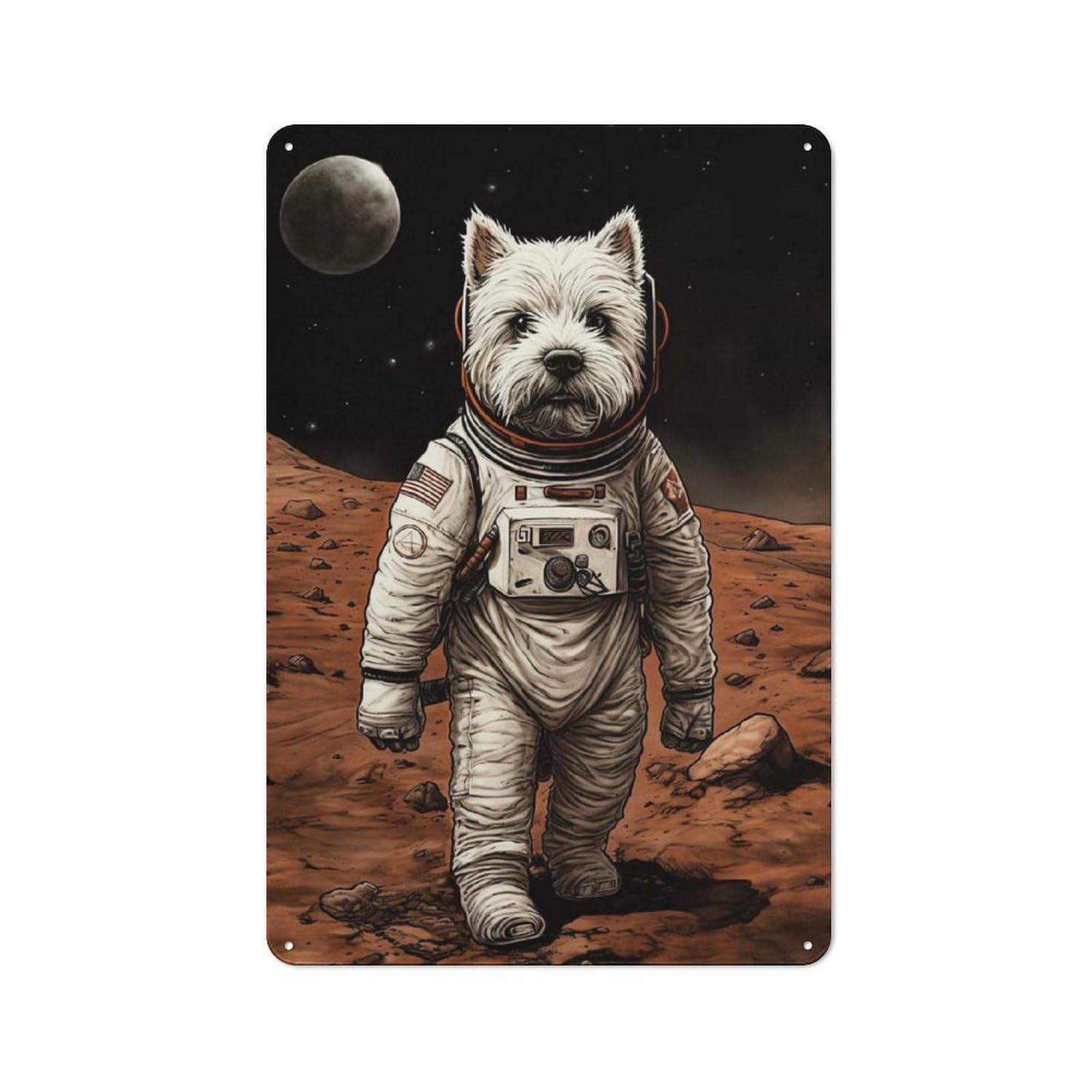 Junmoney Style-22 Westie Astronaut On Mars Retro Metal Plaque 30X20cm For Guest Room Or Hallway, Housewarming Present For People Styling Guest Room And Hallway