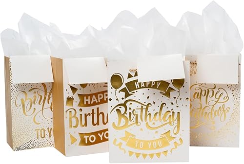 Lyforpyton Paquete de 4 bolsas de regalo grandes con papel de seda de 10 x 12.6 x 3.9 pulgadas, bolsa de papel de regalo blanca para fiesta de